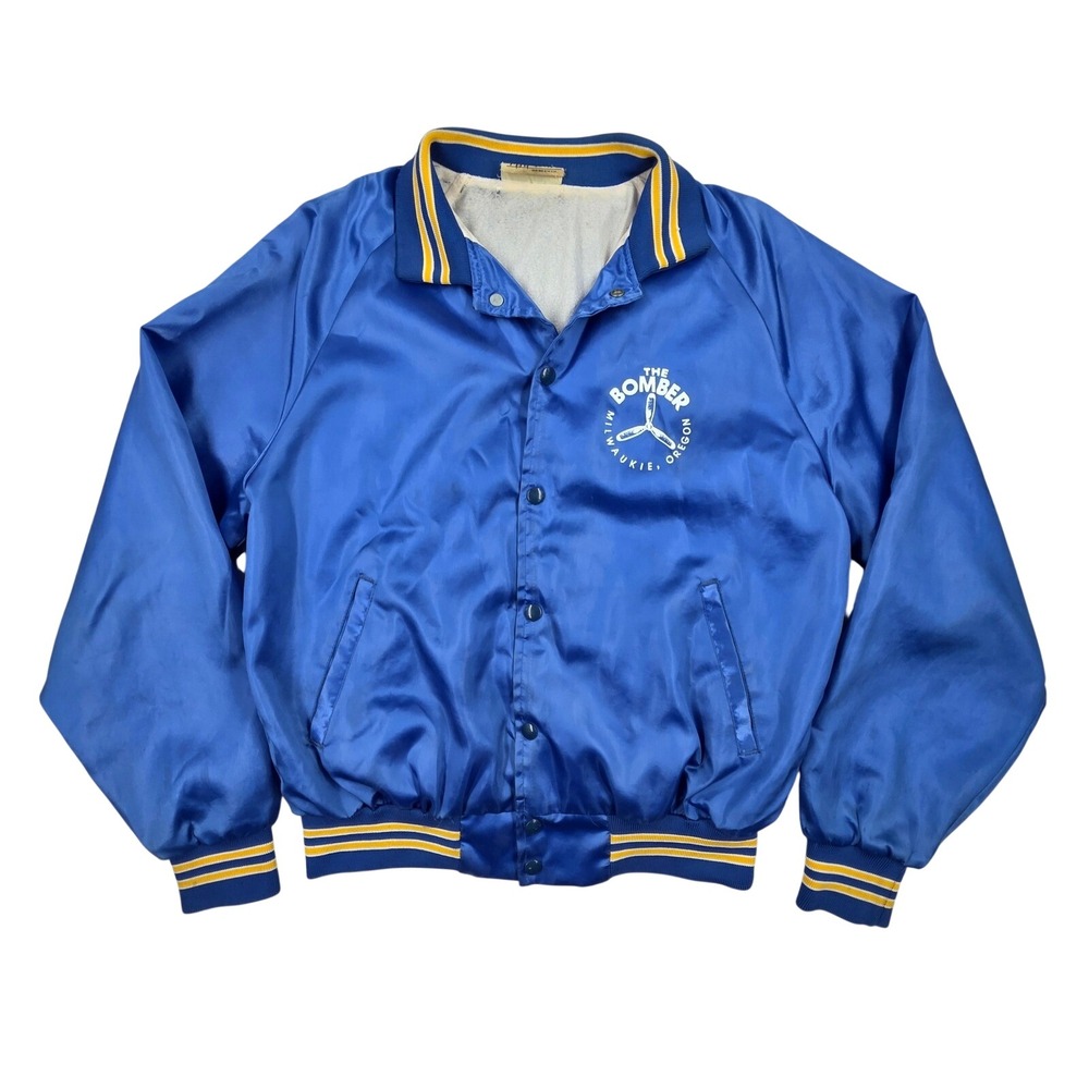 Vintage MA Klein Satin Bomber Jacket Blue Art Lacey B-17G Milwaukie Oregon M